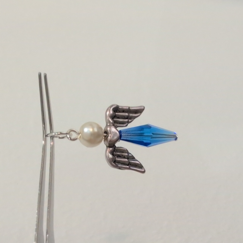 Swarovski Sapphire Blue Crystal & Glass Pearl Angel Necklace Pendant -Handmade